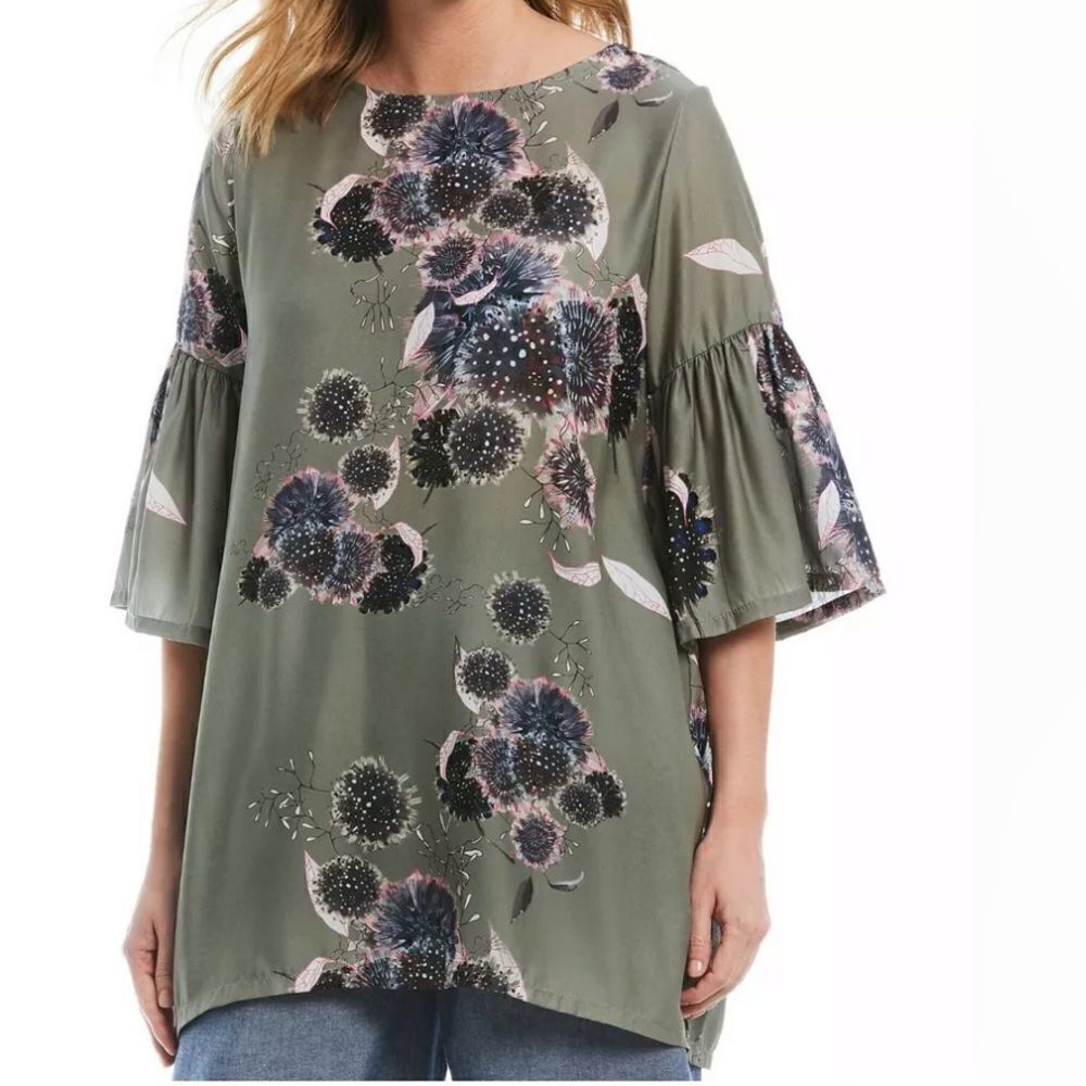bryn Walker Olive Green Floral Bell-Sleeve Top